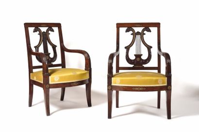 null PAIR OF FAUTEUILS in mahogany and mahogany veneer adorned with brass rosettes...