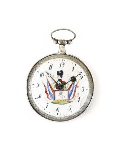 null Pocket watch with silver key, with rooster. Enamelled dial with Arabic numerals...