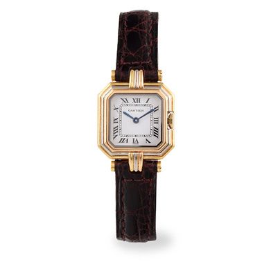 null CARTIER "Belt" around 1980. Rare three-gold women's watch, octagonal gadronized...