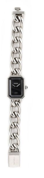 null CHANEL "Première" ref.T.H04700 around 1987 Lady's steel bracelet watch. Black...