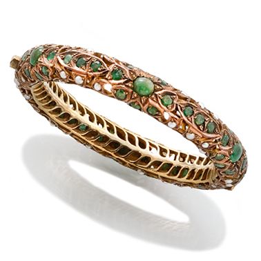 null JONC BRACELET Indian Work 

in yellow and pink gold 375 thousandths, emeralds...