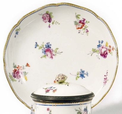 null SEMI Round Compotier in hard porcelain with polychrome decoration of bouquets...