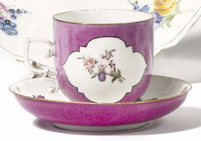 null MEISSEN Cup and its porcelain saucer with polychrome decoration of flower bouquets...