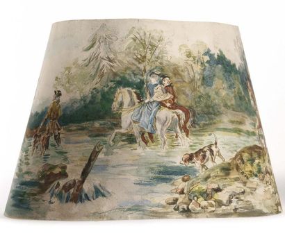 null A cream background shade with polychrome decoration of a hunting scene signed...