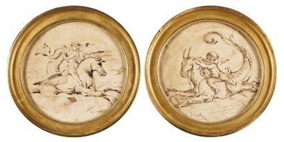 null FRENCH SCHOOL OF THE LATE 17th century Capricorn and sea horse with putti Pair...
