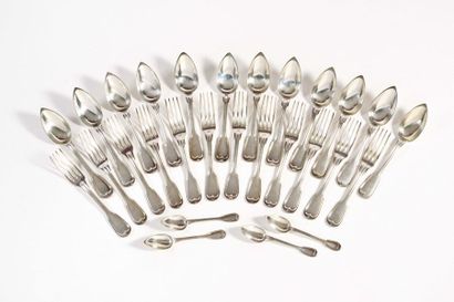 null TWELVE COVERS AND FOUR TEA SPOONS in 950-thousandths silver, monogrammed thread...
