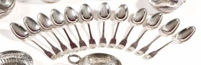 null TWELVE SMALL SPOONS in plain silver, shell model, monogrammed "H. B" on the...