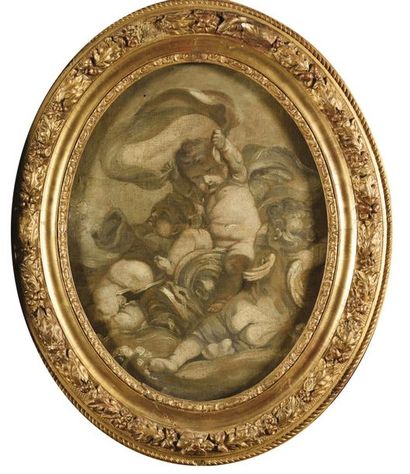 null IN THE TASTE OF FRANÇOIS BOUCHER Cupid's cloud, grey Oval canvas marouflée on...