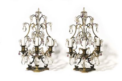 null PAIR OF "HALF" GIRANDOLES in bronze with three branches of light decorated with...