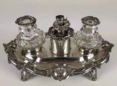 null A silver plated metal INCRETE engraved with rockery comprising two cut crystal...