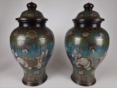 null CHINA Pair of vases covered in bronze and enamels partitioned in baluster shape...