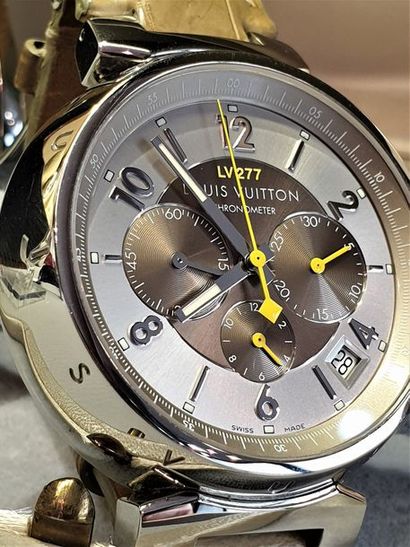 null LOUIS VUITTON "CHRONOGRAPHE TAMBOUR" ref. Q1142 Important chronographe en acier....