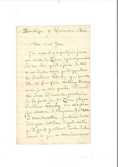 null MILLET (Jean-François). Lettre autographe signée à Jean-Baptiste Millet. Barbizon,...