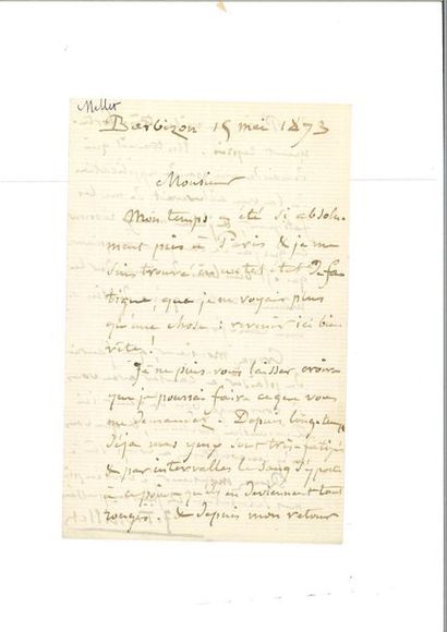 null MILLET (Jean-François). Lettre autographe signée. Barbizon, 15 mai 1873. 2 pp....
