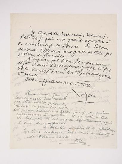 null MIRÓ (Joan). Lettre autographe signée à de « chers amis » (1 p. 1/2 in-folio),...