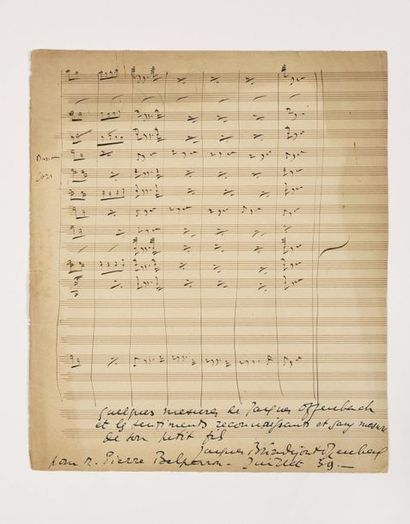 null OFFENBACH (Jacques). Fragment musical autographe pour orchestre. Un système...
