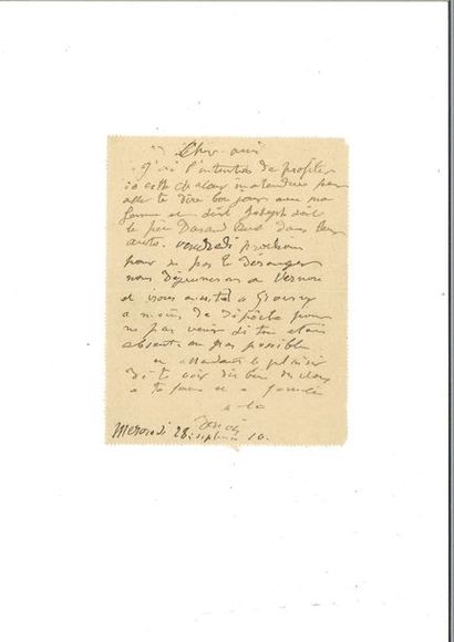 null RENOIR (Auguste). Billet autographe signé à Claude Monet. Paris, 28 septembre...