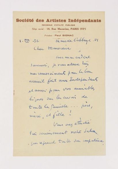 null SIGNAC (Paul). Lettre autographe signée à un « cher Monsieur ». Paris, 1er mars...