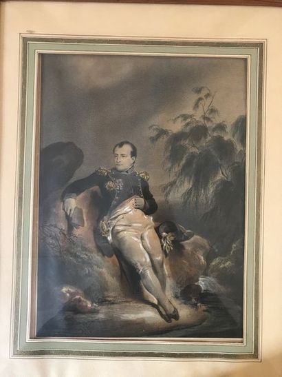 null « L’Empereur Napoléon Ier à Sainte- Hélène ». Lithographie rehaussée d’aquarelle....