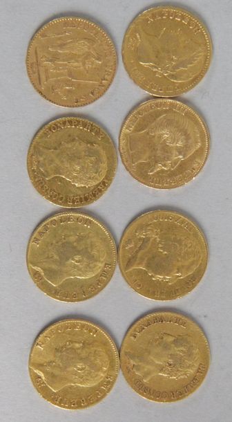 null Huit pièces en or de 20 Fr Français deux de An 12 deux 1806, 1808, 1824, 1856,...