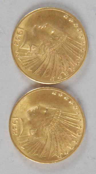 null Deux pièces en or de 10 Dollars US de 1932 poids : 16,6 gr