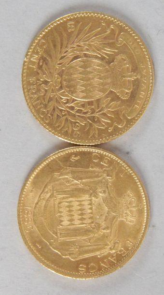 null Deux pièces en or de 100Fr Monégasques 1886, 1896. poids: 32 gr