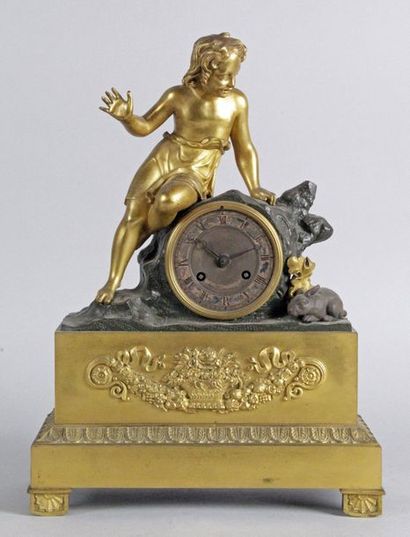 null PENDULE ROMANTIQUE DE CHEMINÉE d’époque Louis-Philippe en bronze doré et patiné...