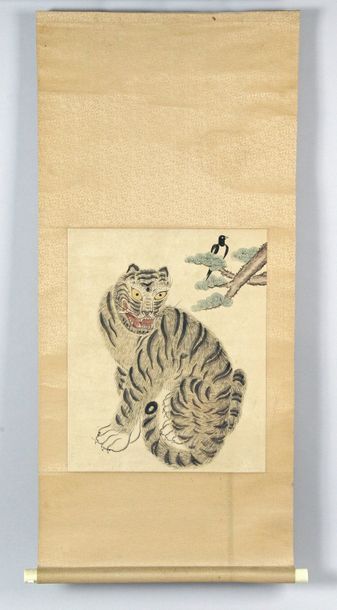 null PEINTURE de type Minhwa, à l’encre de couleurs sur papier, représentant un tigre...