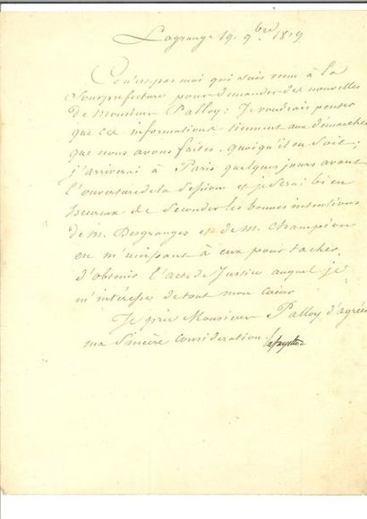 null THE FAYETTE(Gilbert Du Motier de). Letter signed to Pierre-François Palloy....