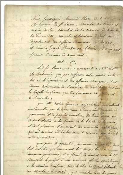 null MONTMORIN (Armand-Marc de). A document signed as Minister of Foreign Affairs,...