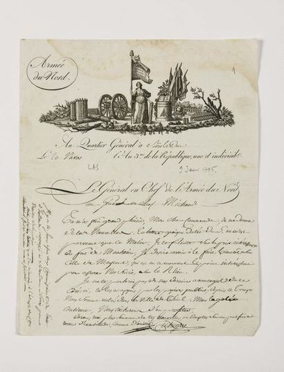 null PICHEGRU ( Jean-Charles). Lettre autographe signée au général Claude-IgnaceFrançois...