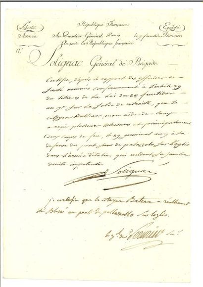 null SÉRURIER ( Jean-Mathieu-Philibert). Signed autograph apostille (s.l., 1802,...