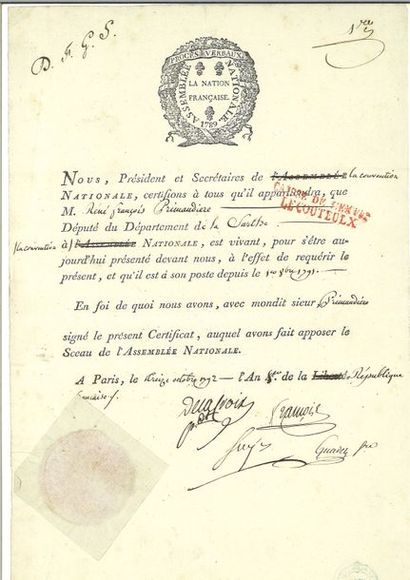 null SIEYÈS (Emmanuel-Joseph), Exhibit signed as Secretary of the National Assembly,...