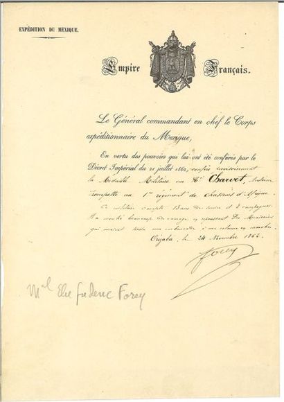 null FOREY (Élie-Frédéric). Signed document. Orizaba[in Mexico], November 24, 1862....