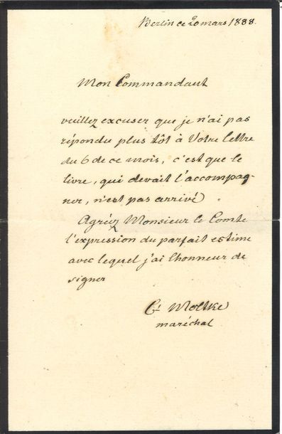 null MOLTKE (Helmuth Karl Bernhard von). Signed autograph letter in French to a commander....