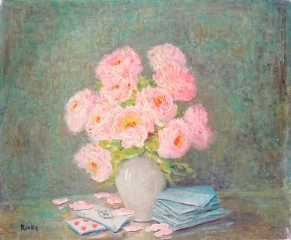 null Marie-Madeleine de RASKY - 1897-1982 VASE OF ROSES AND CARD GAME Oil on canvas...