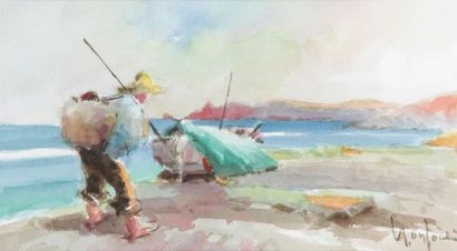 null Juan MONFORT, Spanish school of the XXth century FISHER ON THE BEACH Watercolour...