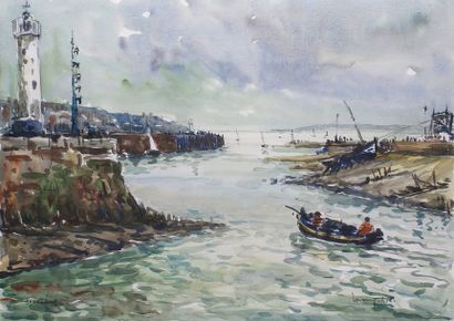 null Robert LAVOINE – 1916-1999 HONFLEUR, L’ENTRÉE DU PORT Aquarelle signée en bas...