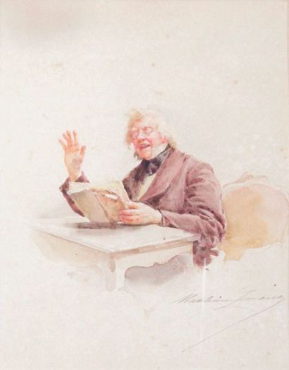 null Madeleine LEMAIRE - 1845-1928 THE AMUSED READER Watercolour signed lower right....