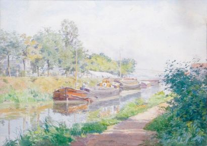 null Paul GRÉGOIRE – né en 1935 PÉNICHE SUR LE CANAL ET PÊCHEUR AU BORD DU CANAL...