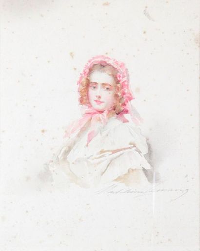 null Madeleine LEMAIRE – 1845-1928 PORTRAIT DE JEUNE FILLE AU FICHU ROSE Aquarelle...