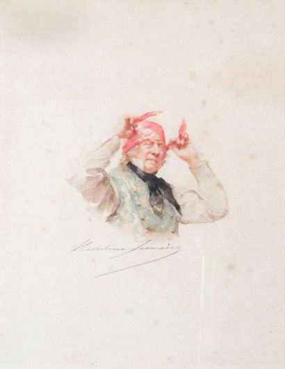 null Madeleine LEMAIRE - 1845-1928 MEN NOUANT SON BONNET Watercolor signed down in...