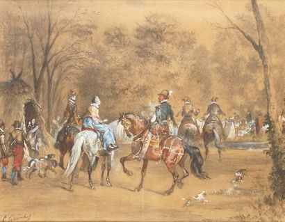 null Othon QUINCHEY - 1820-1876 LA CHASSE À COURRE Charcoal and watercolor signed...
