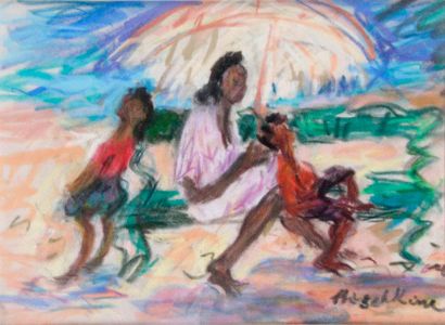null Olga MISCHKINE - 1910-1985 THE BEACH Pastel signed lower right. 21 x 29