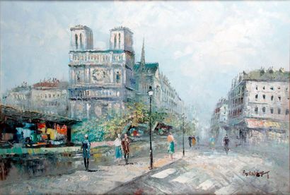 null Louis Anthony BURNETT – 1907-1999 PARIS, NOTRE-DAME ET LES BOUQUINISTES Huile...