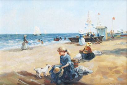 null Karine GIRARD - born in 1965 YOUNG GIRL AND HER DOG ON A NORMANDIC BEACH Oil...