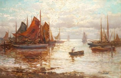null Kees TERLOUW - 1890-1948 BOATS IN A HOLLAND PORT Oil on canvas signed lower...