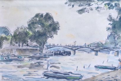 null André FRAYE - 1887-1963 PARIS, LA SEINE, LE PONT DES ARTS Watercolour signed...
