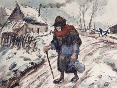 null Léonard BORDES - 1898-1965 WOMAN WALKING IN THE SNOW Watercolour and gouache....