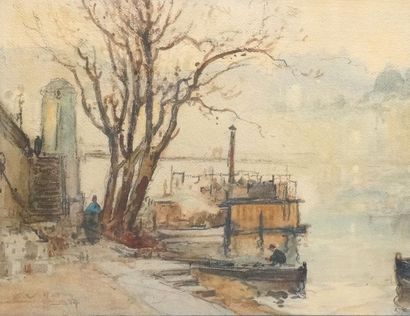 null Eugène VILLON – 1879-1942 QUAI DU RHÔNE, 1927 Aquarelle signée et datée en bas...